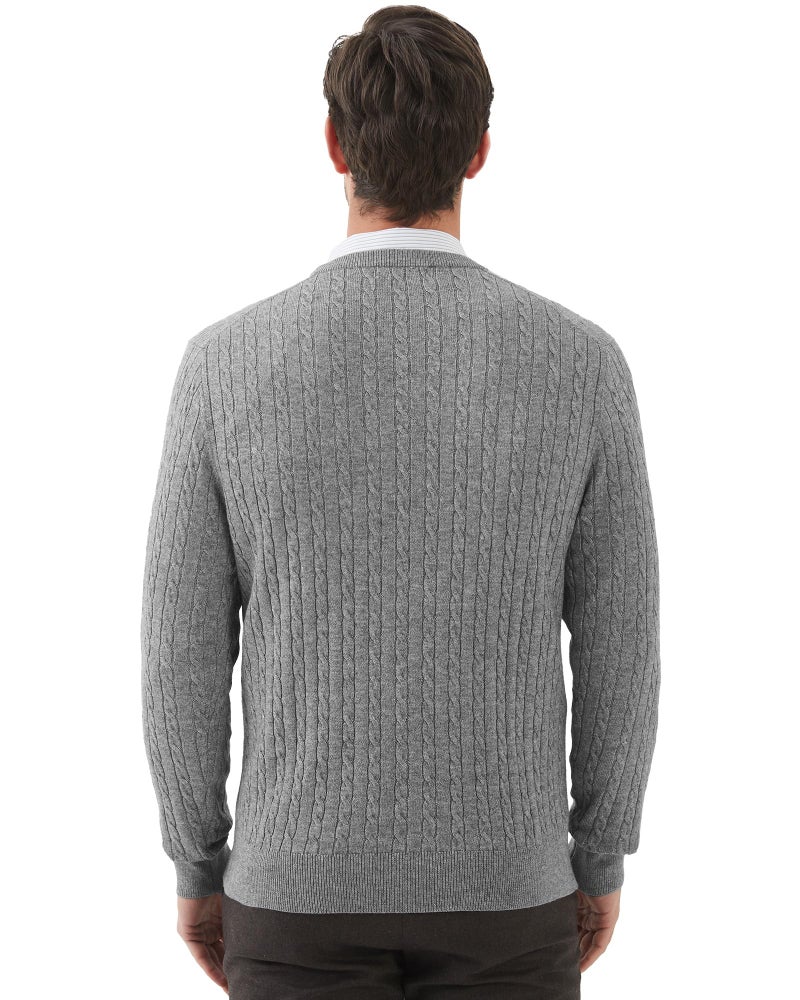 Kallspin Men's Cable Knit Crewneck Sweater Pullovers Wool Blend Relax Fit Knitwear (Light Grey, Large) - Image 2